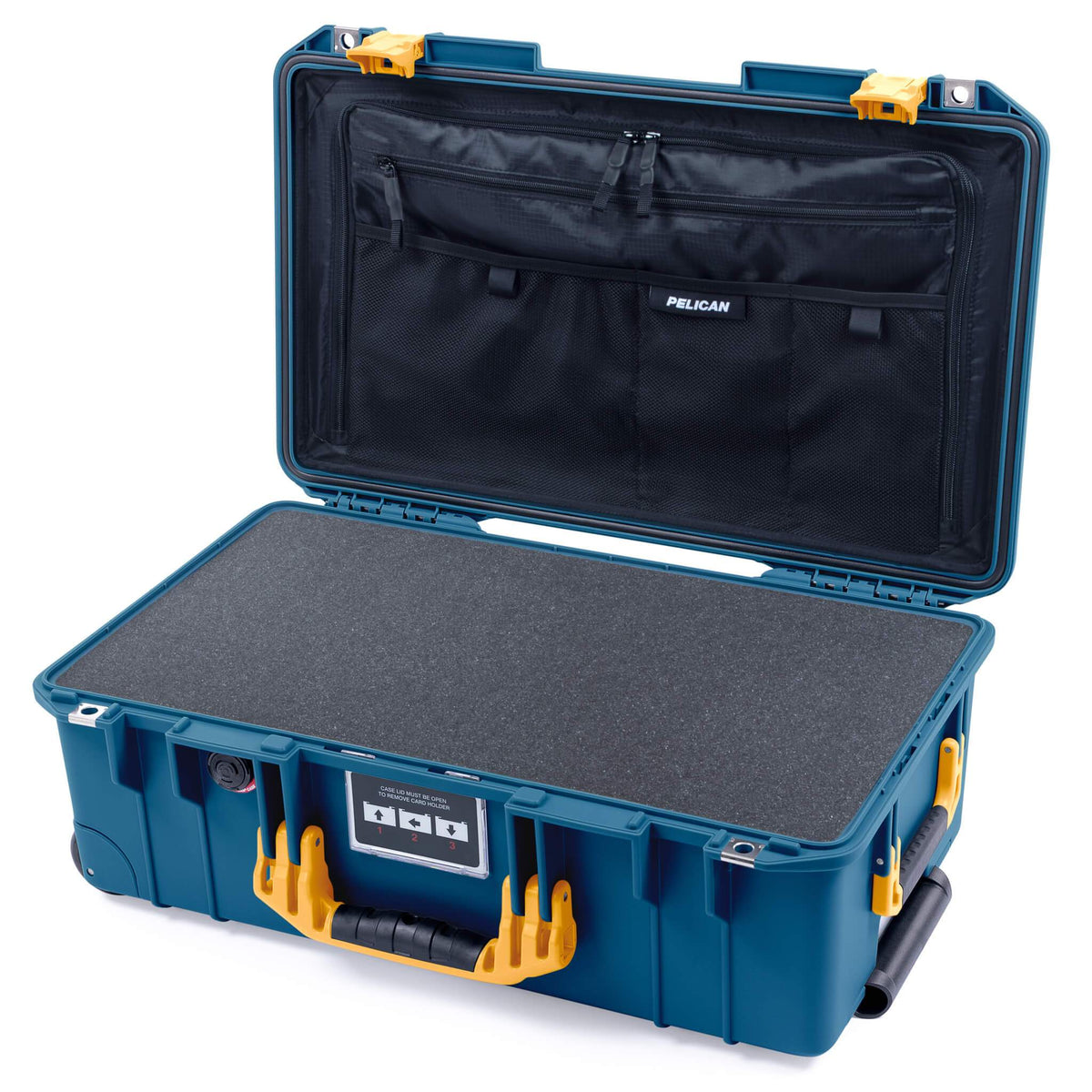 Pelican 1535 Air Case, Indigo with Yellow Handles &amp; Push-Button Latches Pick &amp; Pluck Foam with Combo-Pouch Lid Organizer ColorCase 015350-0301-500-240-500