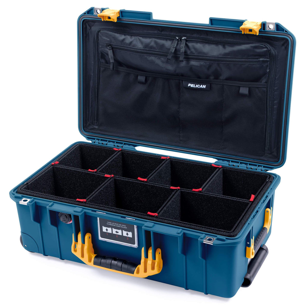 Pelican 1535 Air Case, Indigo with Yellow Handles &amp; Push-Button Latches TrekPak Divider System with Combo-Pouch Lid Organizer ColorCase 015350-0320-500-240-500