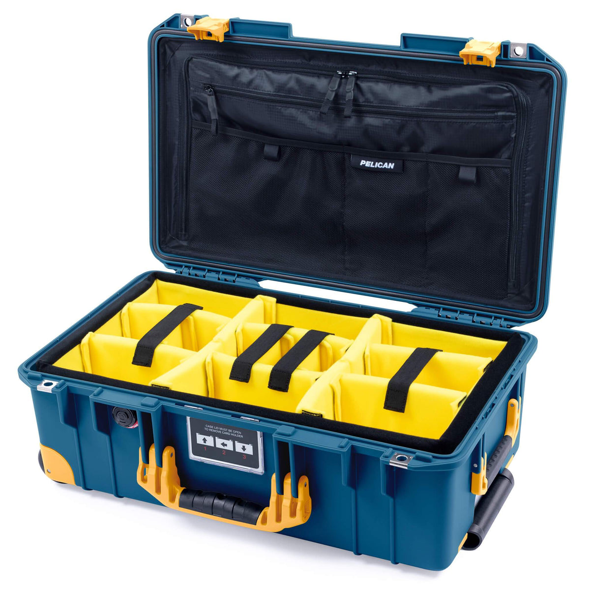 Pelican 1535 Air Case, Indigo with Yellow Handles, Push-Button Latches &amp; Trolley Yellow Padded Microfiber Dividers with Combo-Pouch Lid Organizer ColorCase 015350-0310-500-240-240
