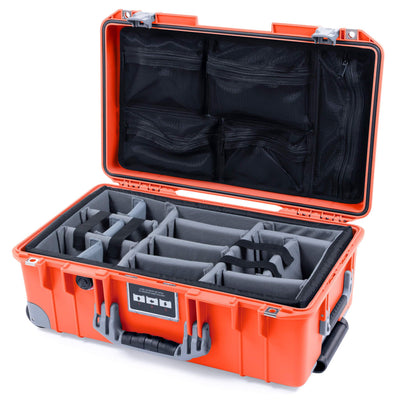 Pelican 1535 Air Case, Orange with Silver Handles, Push-Button Latches & Trolley Gray Padded Microfiber Dividers with Mesh Lid Organizer ColorCase 015350-0071-150-180-180