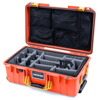 Pelican 1535 Air Case, Orange with Yellow Handles & Push-Button Latches Gray Padded Microfiber Dividers with Mesh Lid Organizer ColorCase 015350-0170-150-240