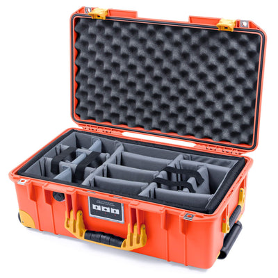 Pelican 1535 Air Case, Orange with Yellow Handles, Push-Button Latches & Trolley Gray Padded Microfiber Dividers with Convolute Lid Foam ColorCase 015350-0070-150-240-240