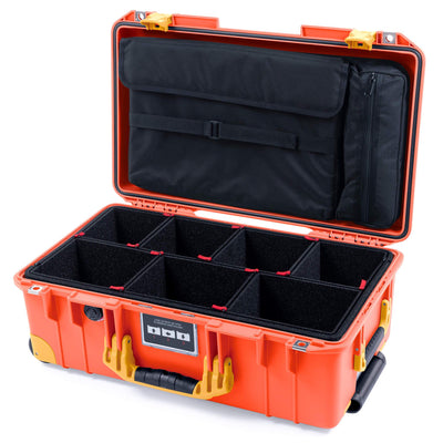 Pelican 1535 Air Case, Orange with Yellow Handles, Push-Button Latches & Trolley TrekPak Divider System with Computer Pouch ColorCase 015350-0220-150-240-240
