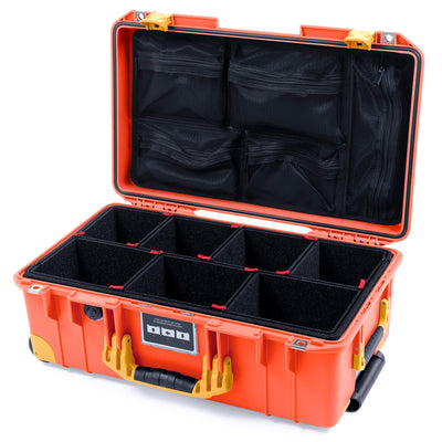 Pelican 1535 Air Case, Orange with Yellow Handles, Push-Button Latches & Trolley TrekPak Divider System with Mesh Lid Organizer ColorCase 015350-0120-150-240-240