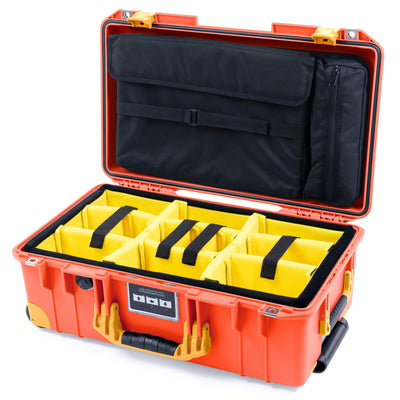 Pelican 1535 Air Case, Orange with Yellow Handles, Push-Button Latches & Trolley Yellow Padded Microfiber Dividers with Computer Pouch ColorCase 015350-0210-150-240-240