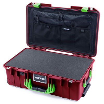 Pelican 1535 Air Case, Oxblood with Lime Green Handles & Latches Pick & Pluck Foam with Combo-Pouch Lid Organizer ColorCase 015350-0301-510-300-510