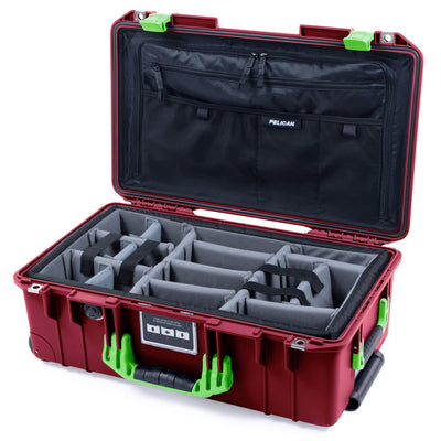 Pelican 1535 Air Case, Oxblood with Lime Green Handles & Latches Gray Padded Microfiber Dividers with Combo-Pouch Lid Organizer ColorCase 015350-0370-510-300-510