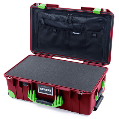 Pelican 1535 Air Case, Oxblood with Lime Green Handles, Latches & Trolley Pick & Pluck Foam with Combo-Pouch Lid Organizer ColorCase 015350-0301-510-300-300