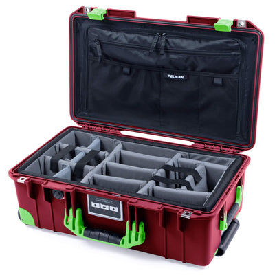 Pelican 1535 Air Case, Oxblood with Lime Green Handles, Latches & Trolley Gray Padded Microfiber Dividers with Combo-Pouch Lid Organizer ColorCase 015350-0370-510-300-300