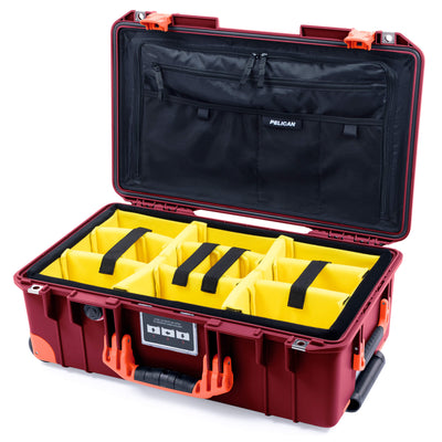 Pelican 1535 Air Case, Oxblood with Orange Handles, Push-Button Latches & Trolley Yellow Padded Microfiber Dividers with Combo-Pouch Lid Organizer ColorCase 015350-0310-510-150-150