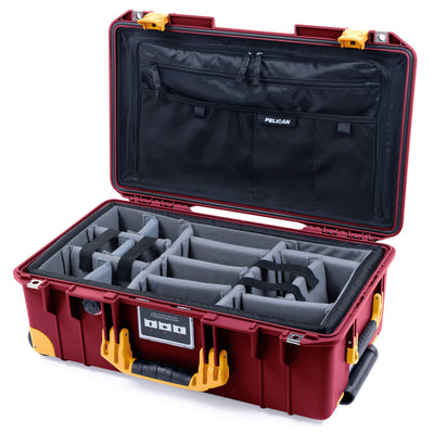 Pelican 1535 Air Case, Oxblood with Yellow Handles, Push-Button Latches & Trolley Gray Padded Microfiber Dividers with Combo-Pouch Lid Organizer ColorCase 015350-0370-510-240-240