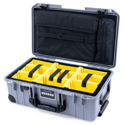 Pelican 1535 Air Case, Silver with Black Handles, Push-Button Latches & Trolley Yellow Padded Microfiber Dividers with Computer Pouch ColorCase 015350-0210-180-110-110