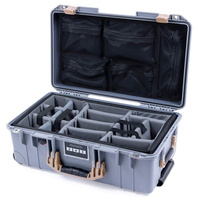 Pelican 1535 Air Case, Silver with Desert Tan Handles & Latches Gray Padded Microfiber Dividers with Mesh Lid Organizer ColorCase 015350-0170-180-310