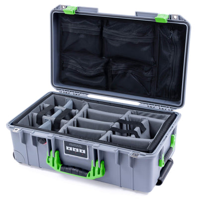 Pelican 1535 Air Case, Silver with Lime Green Handles & Latches Gray Padded Microfiber Dividers with Mesh Lid Organizer ColorCase 015350-0170-180-300