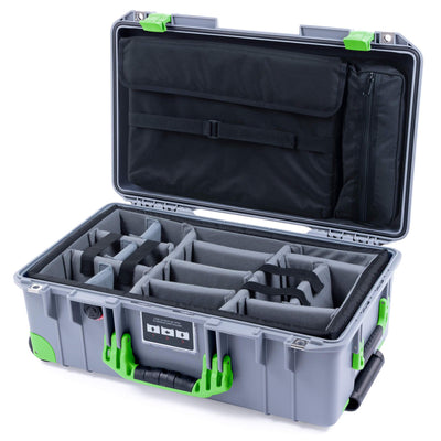 Pelican 1535 Air Case, Silver with Lime Green Handles, Latches & Trolley Gray Padded Microfiber Dividers with Computer Pouch ColorCase 015350-0270-180-300-300