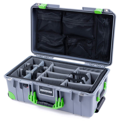 Pelican 1535 Air Case, Silver with Lime Green Handles, Latches & Trolley Gray Padded Microfiber Dividers with Mesh Lid Organizer ColorCase 015350-0170-180-300-300