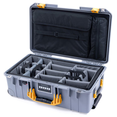 Pelican 1535 Air Case, Silver with Yellow Handles & Latches Gray Padded Microfiber Dividers with Computer Pouch ColorCase 015350-0270-180-240