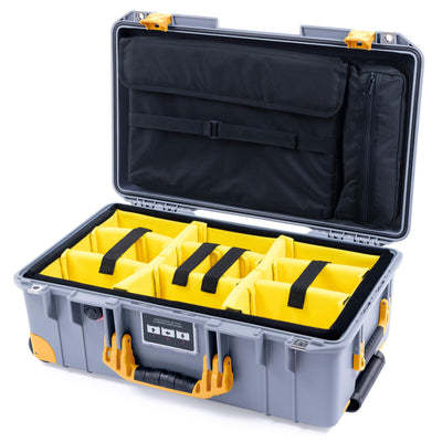 Pelican 1535 Air Case, Silver with Yellow Handles, Latches & Trolley Yellow Padded Microfiber Dividers with Computer Pouch ColorCase 015350-0210-180-240-240