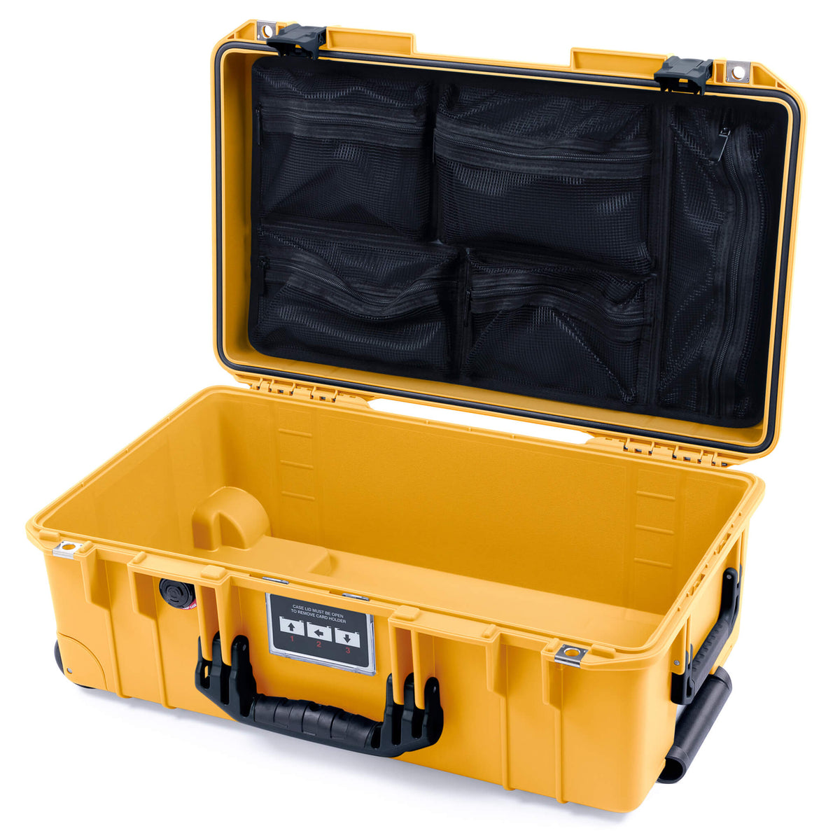 Pelican 1535 Air Case, Yellow with Black Handles &amp; Push-Button Latches Mesh Lid Organizer Only ColorCase 015350-0100-240-110