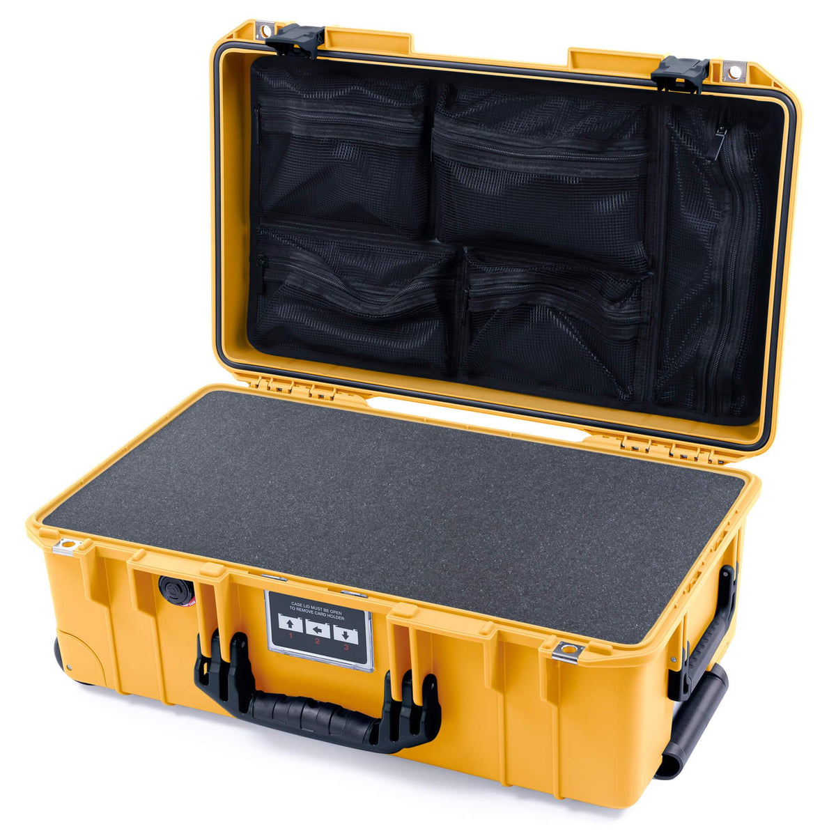 Pelican 1535 Air Case, Yellow with Black Handles &amp; Push-Button Latches Pick &amp; Pluck Foam with Mesh Lid Organizer ColorCase 015350-0101-240-110