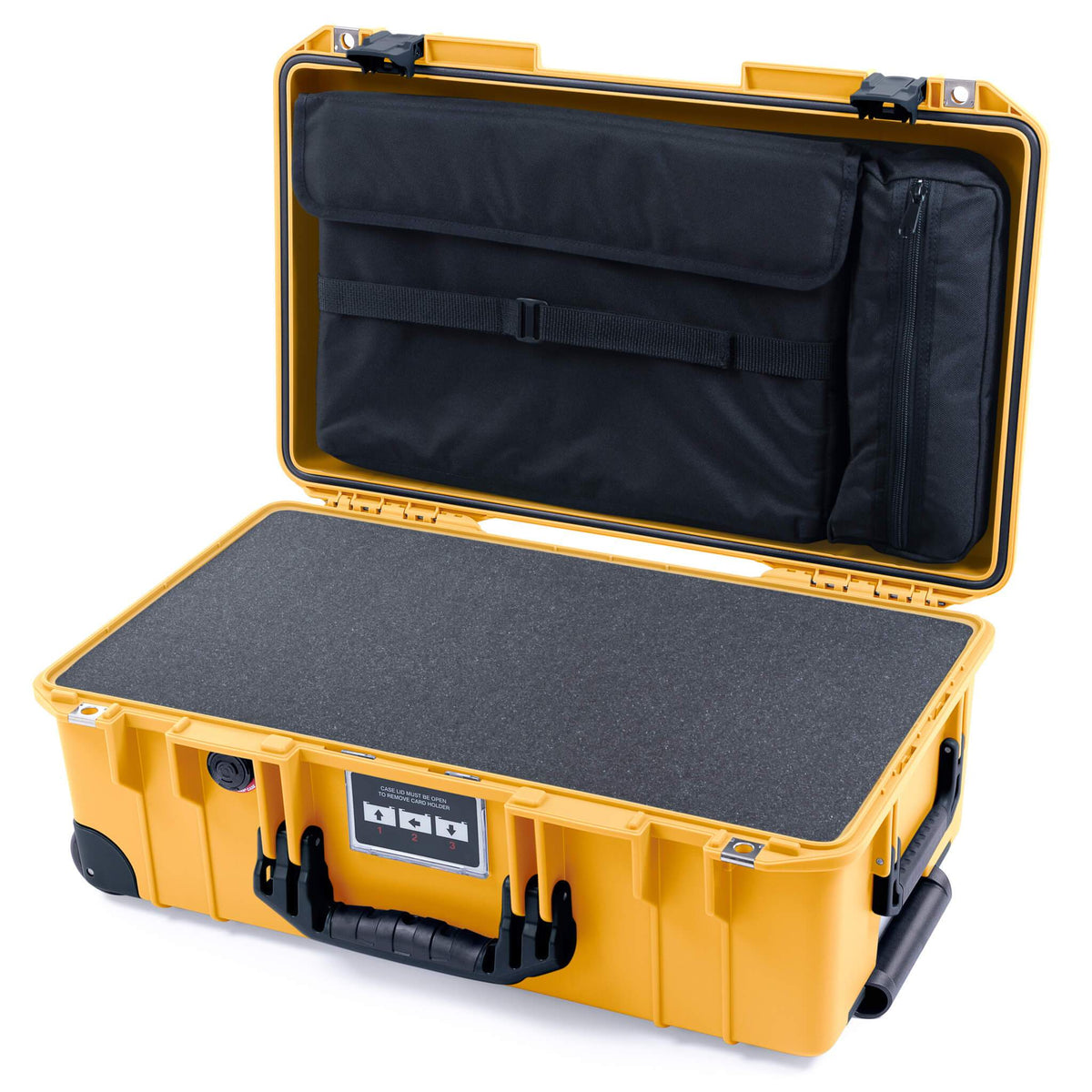 Pelican 1535 Air Case, Yellow with Black Handles, Push-Button Latches &amp; Trolley Pick &amp; Pluck Foam with Computer Pouch ColorCase 015350-0201-240-110-110
