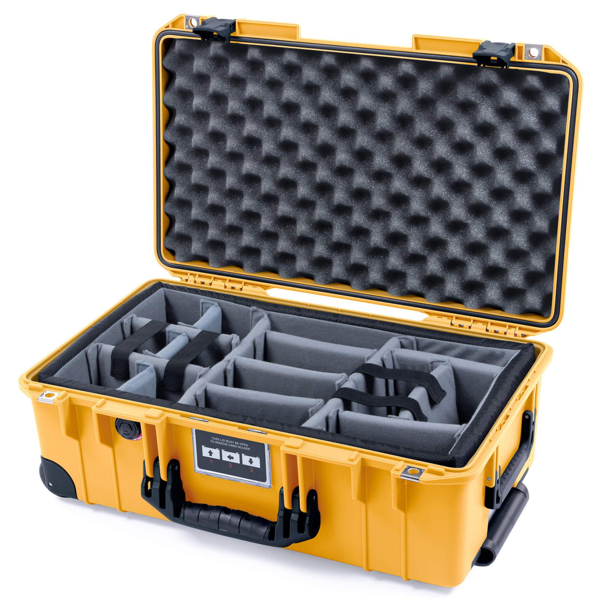 Pelican 1535 Air Case, Yellow with Black Handles, Push-Button Latches &amp; Trolley Gray Padded Microfiber Dividers with Convolute Lid Foam ColorCase 015350-0070-240-110-110