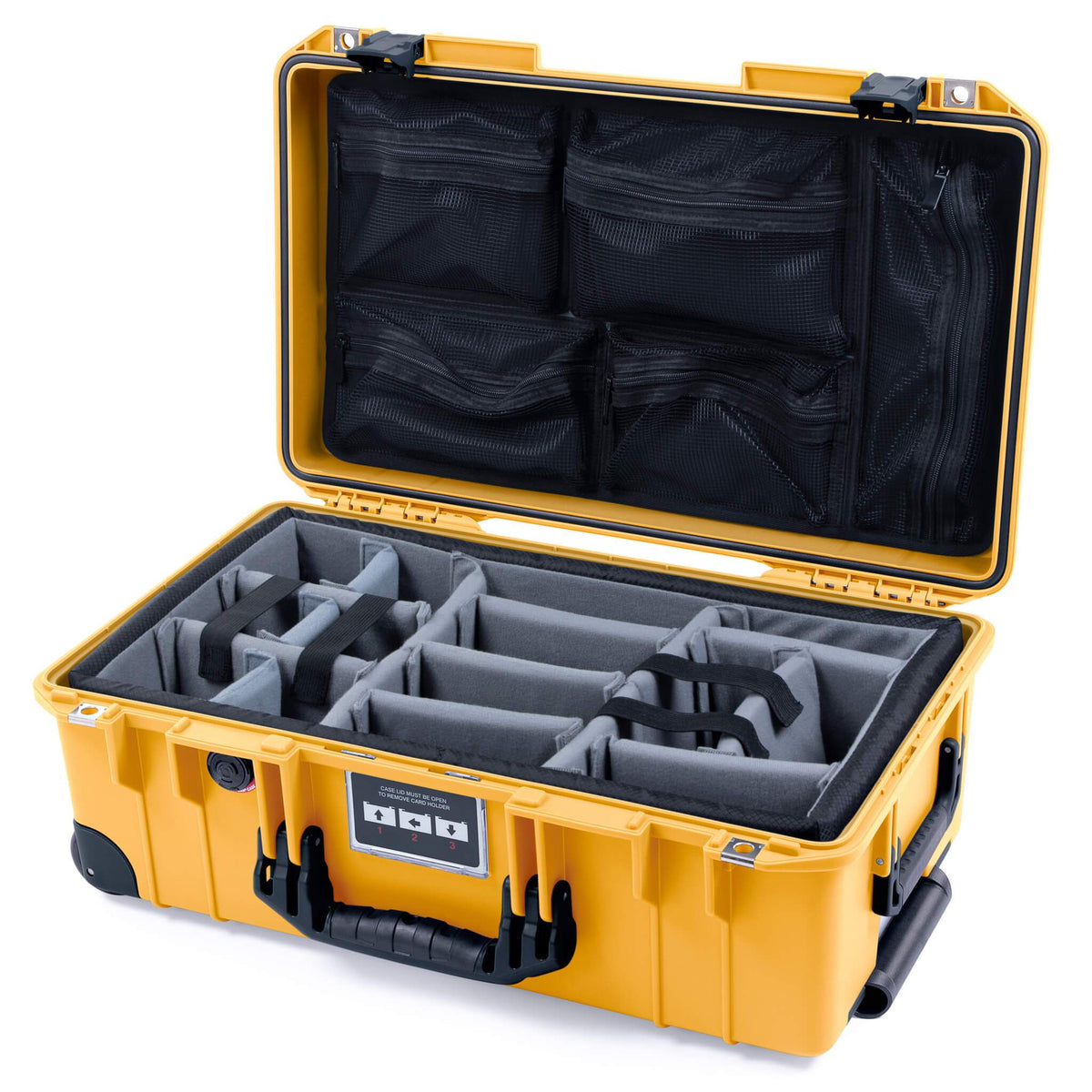 Pelican 1535 Air Case, Yellow with Black Handles, Push-Button Latches &amp; Trolley Gray Padded Microfiber Dividers with Mesh Lid Organizer ColorCase 015350-0071-240-110-110