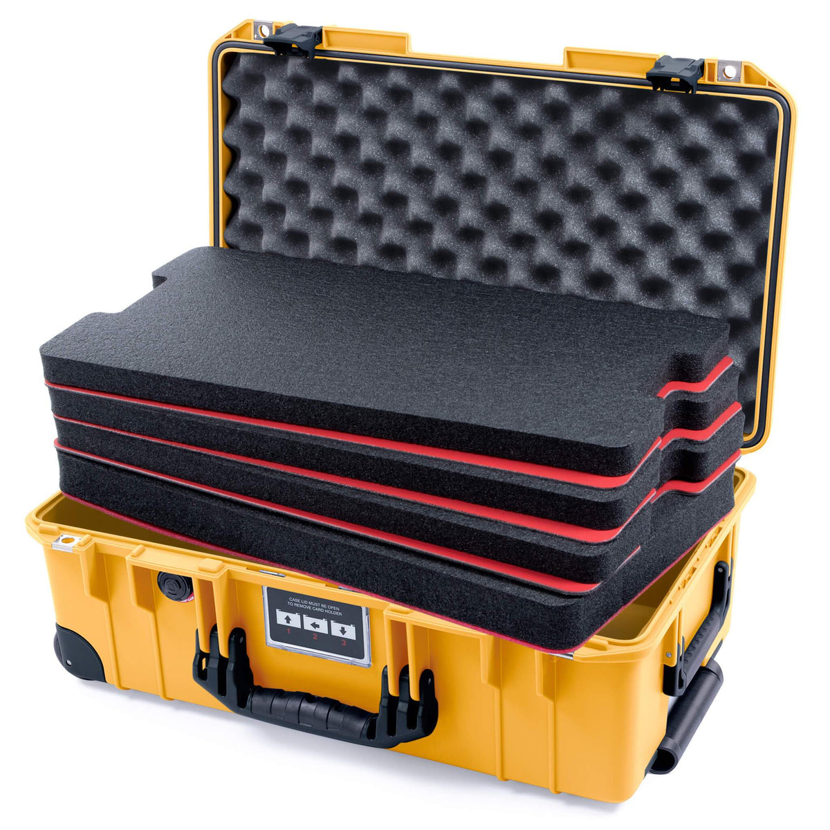 Pelican 1535 Air Case, Yellow with Black Handles, Push-Button Latches &amp; Trolley Custom Tool Kit (4 Foam Inserts with Convolute Lid Foam) ColorCase 015350-0060-240-110-110