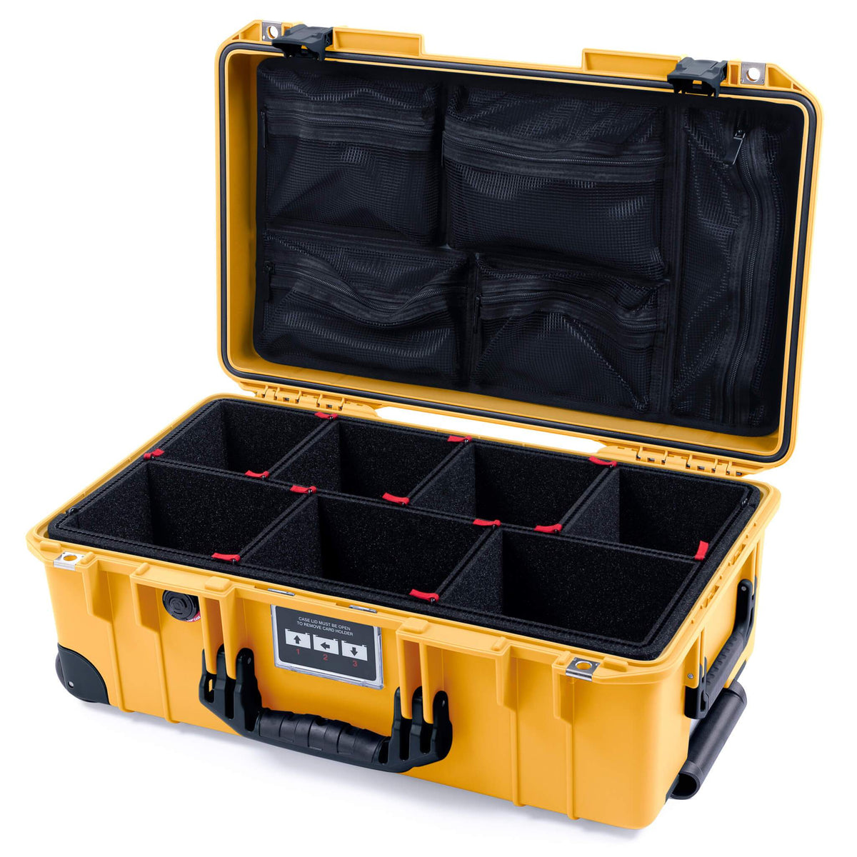 Pelican 1535 Air Case, Yellow with Black Handles, Push-Button Latches &amp; Trolley TrekPak Divider System with Mesh Lid Organizer ColorCase 015350-0120-240-110-110