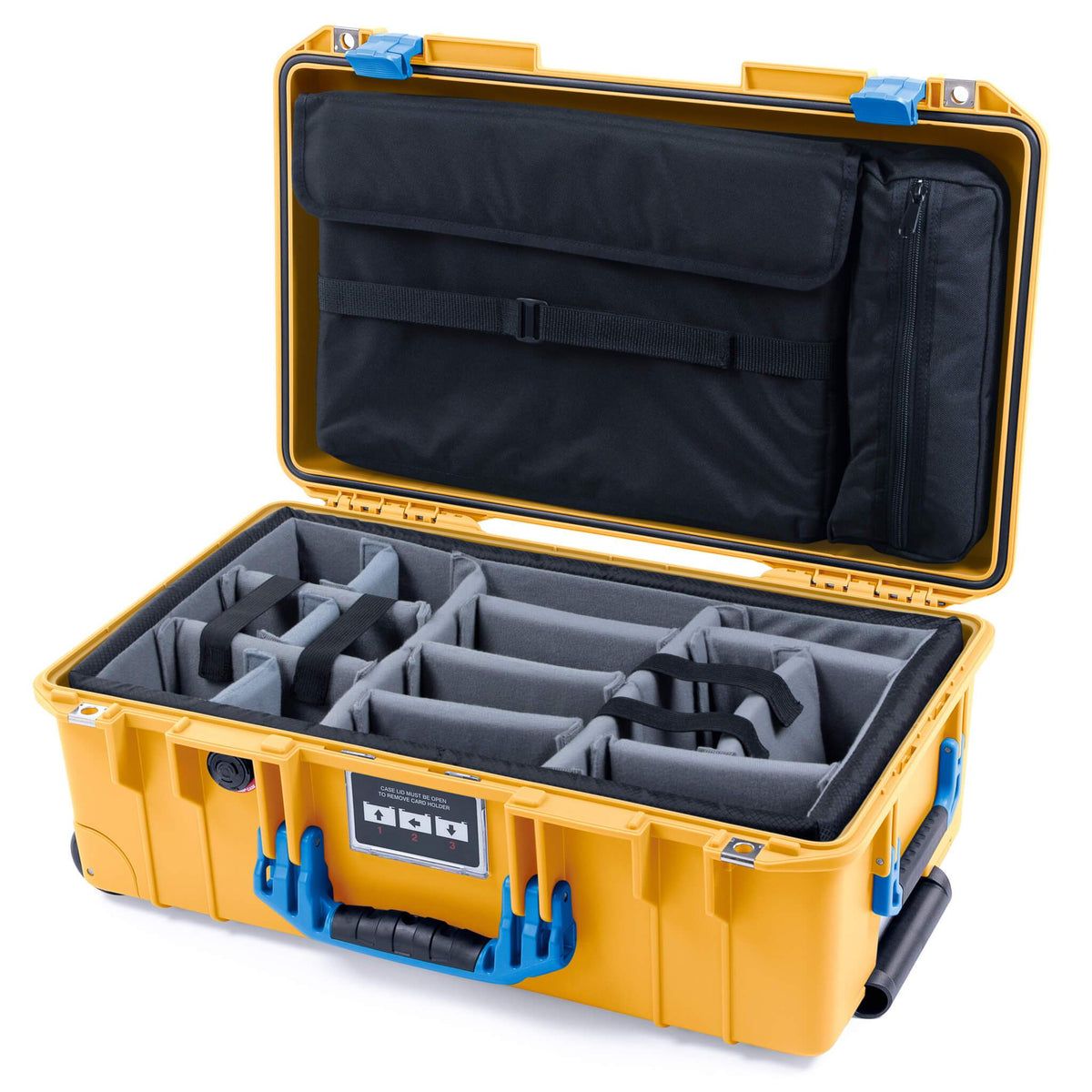 Pelican 1535 Air Case, Yellow with Blue Handles &amp; Latches Gray Padded Microfiber Dividers with Computer Pouch ColorCase 015350-0270-240-120