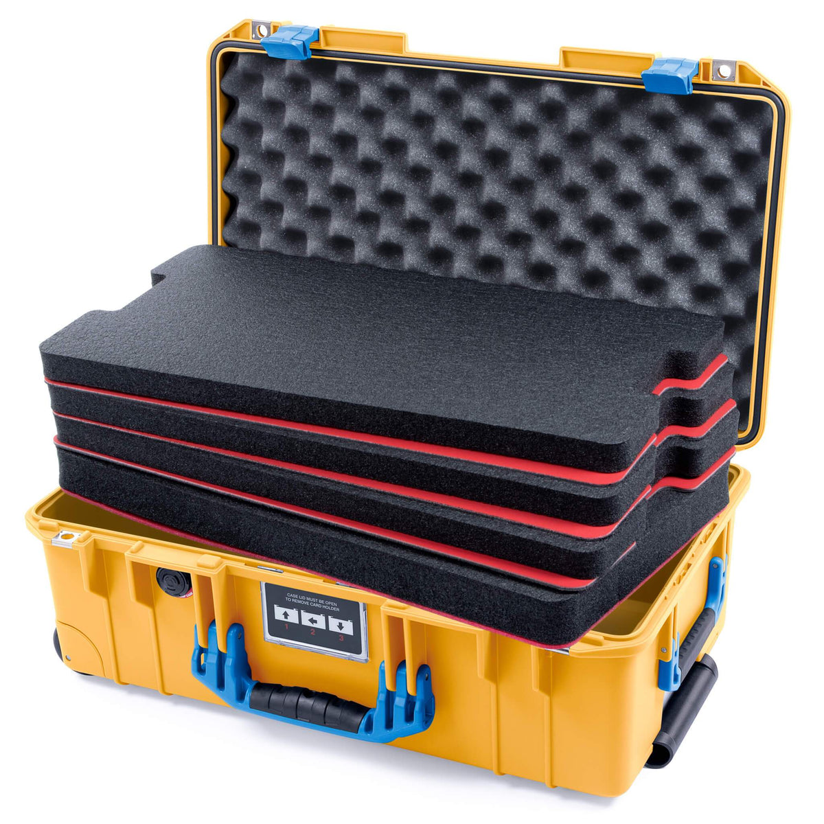 Pelican 1535 Air Case, Yellow with Blue Handles &amp; Latches Custom Tool Kit (4 Foam Inserts with Convolute Lid Foam) ColorCase 015350-0060-240-120