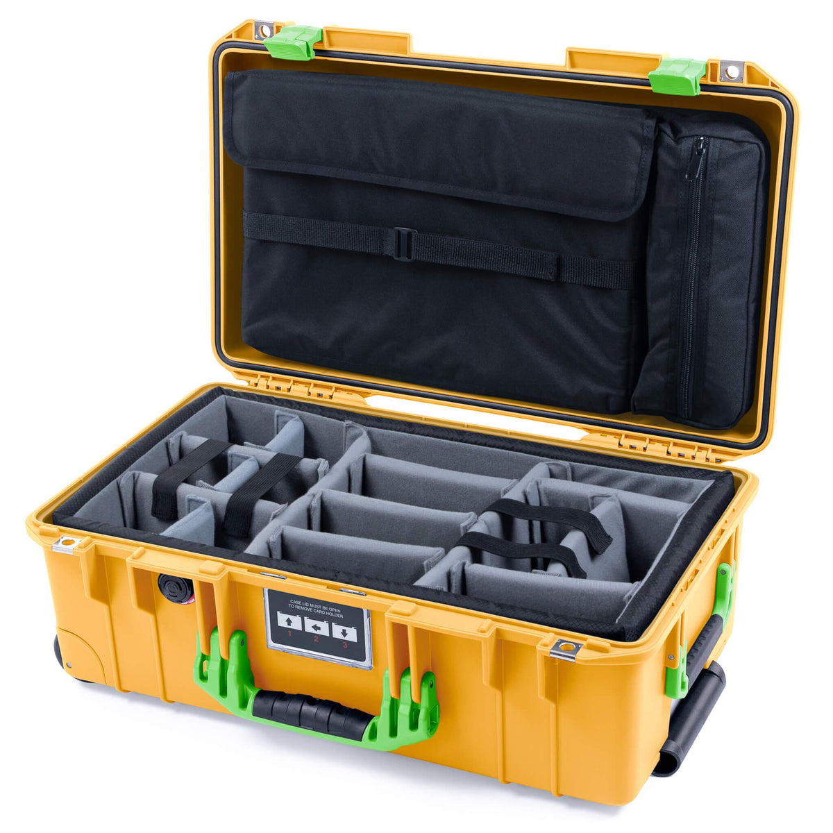 Pelican 1535 Air Case, Yellow with Lime Green Handles &amp; Latches Gray Padded Microfiber Dividers with Computer Pouch ColorCase 015350-0270-240-300