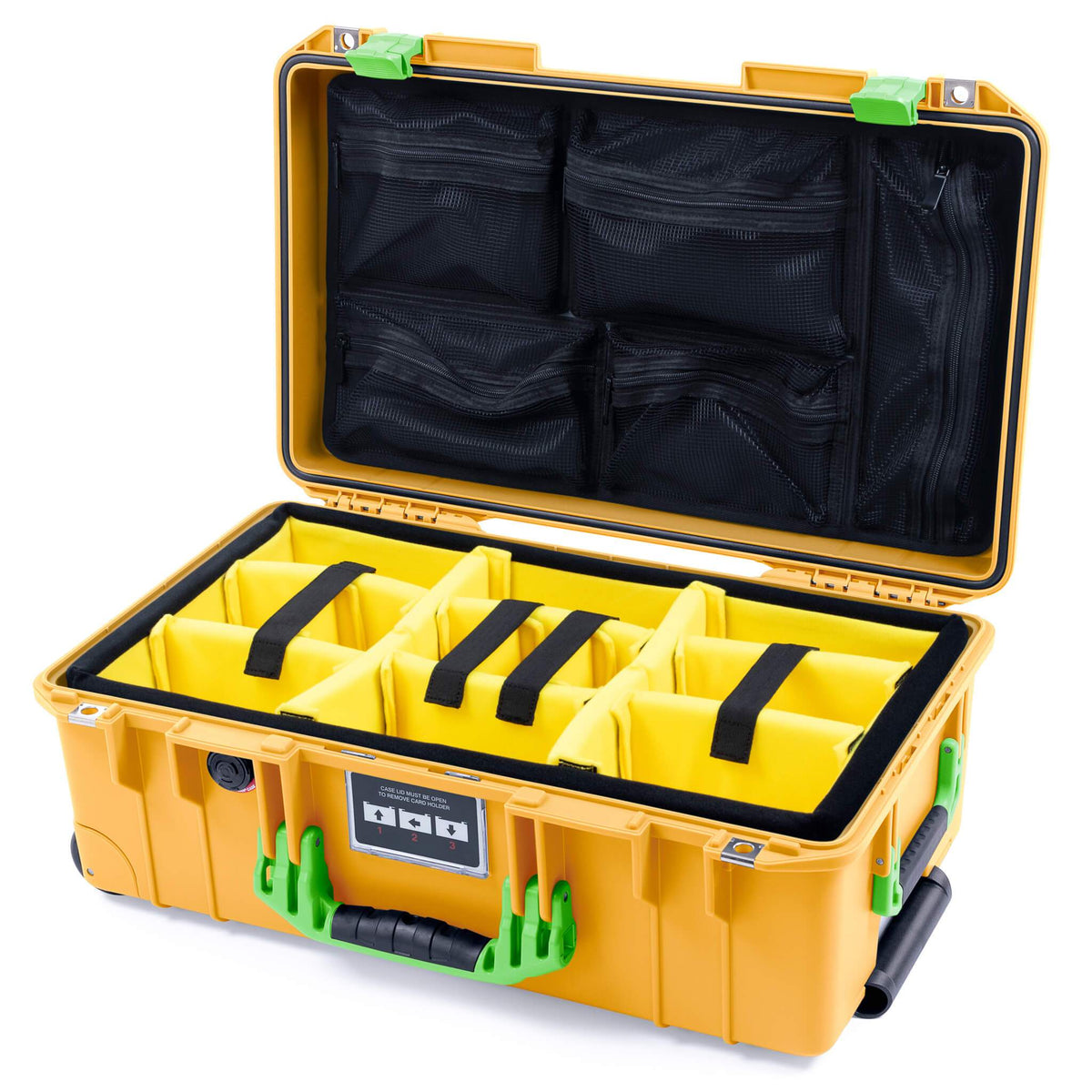 Pelican 1535 Air Case, Yellow with Lime Green Handles &amp; Latches Yellow Padded Microfiber Dividers with Mesh Lid Organizer ColorCase 015350-0110-240-300