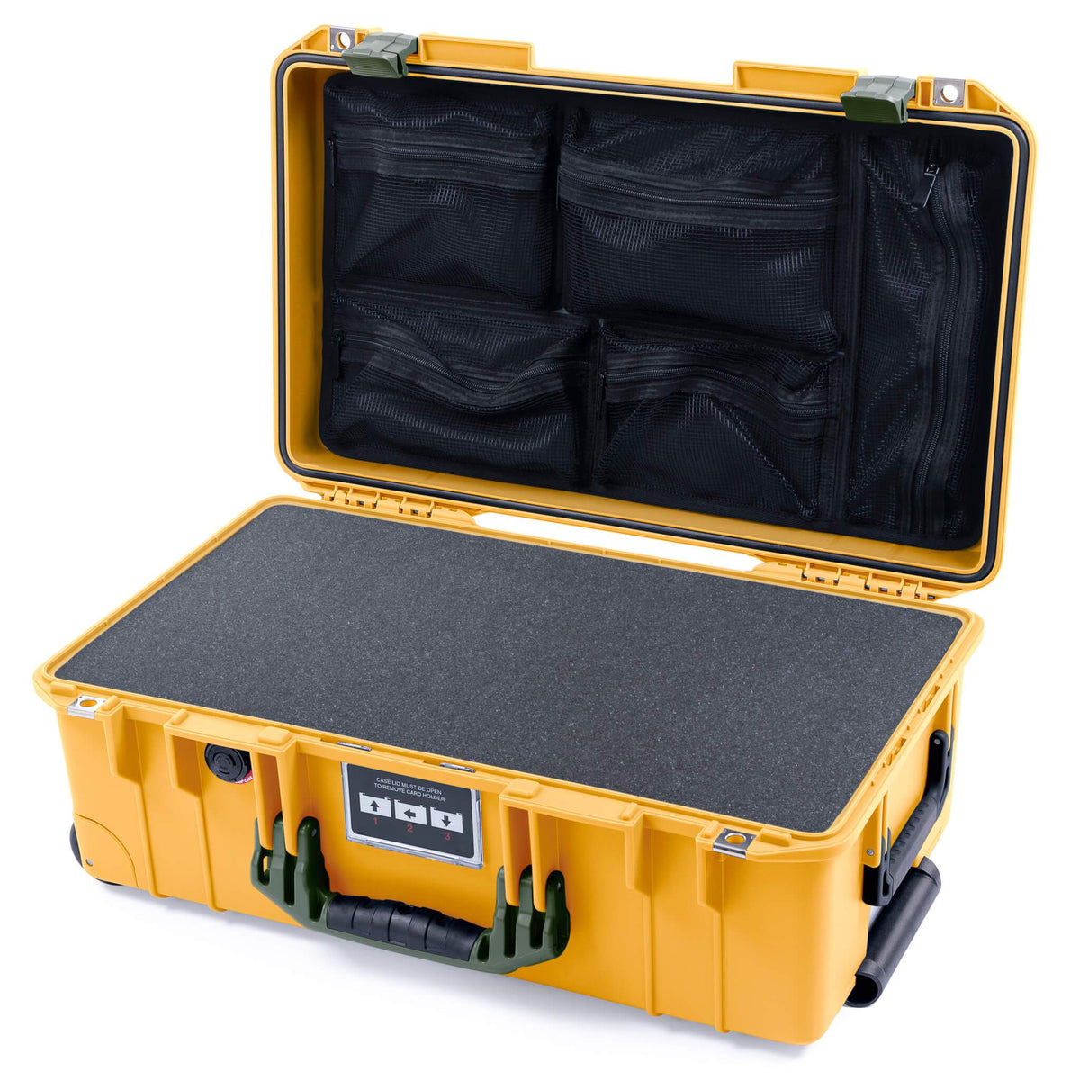Pelican 1535 Air Case, Yellow with OD Green Handles &amp; Latches Pick &amp; Pluck Foam with Mesh Lid Organizer ColorCase 015350-0101-240-130