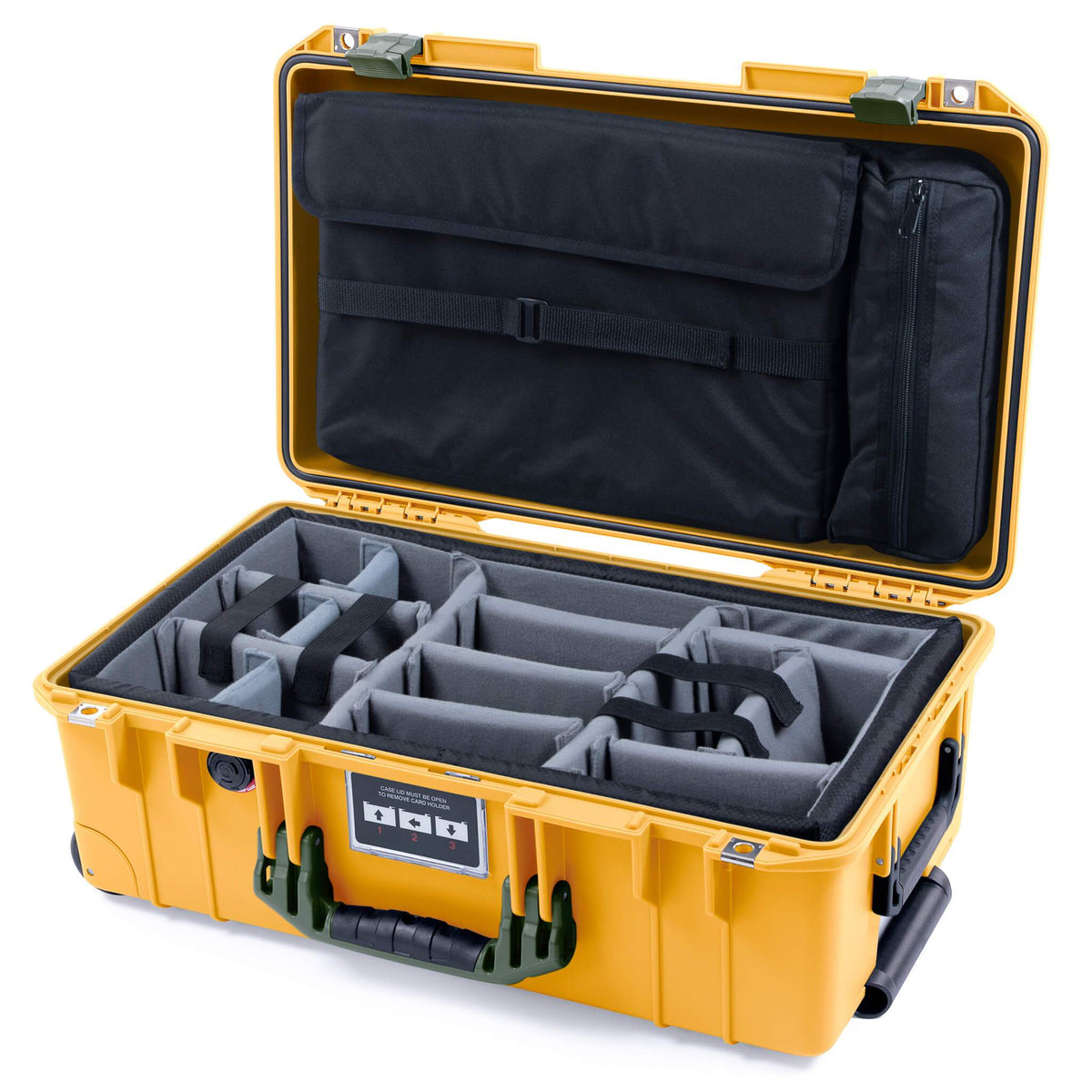 Pelican 1535 Air Case, Yellow with OD Green Handles &amp; Latches Gray Padded Microfiber Dividers with Computer Pouch ColorCase 015350-0270-240-130