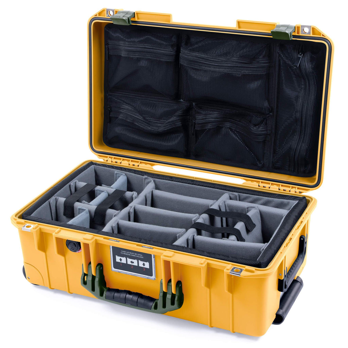 Pelican 1535 Air Case, Yellow with OD Green Handles &amp; Latches Gray Padded Microfiber Dividers with Mesh Lid Organizer ColorCase 015350-0170-240-130