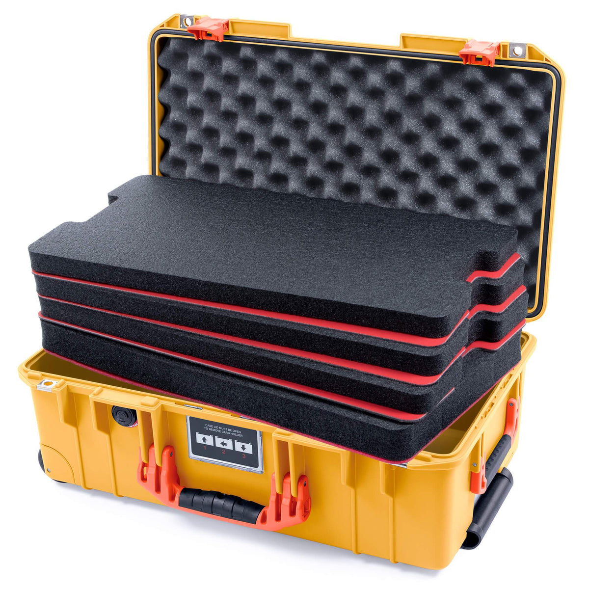 Pelican 1535 Air Case, Yellow with Orange Handles &amp; Push-Button Latches Custom Tool Kit (4 Foam Inserts with Convolute Lid Foam) ColorCase 015350-0060-240-150