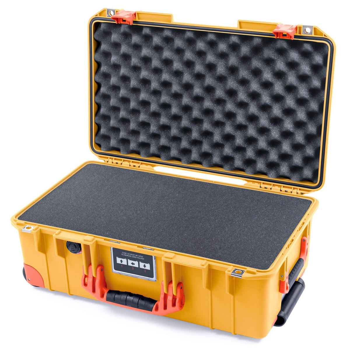 Pelican 1535 Air Case, Yellow with Orange Handles, Push-Button Latches &amp; Trolley Pick &amp; Pluck Foam with Convolute Lid Foam ColorCase 015350-0001-240-150-150