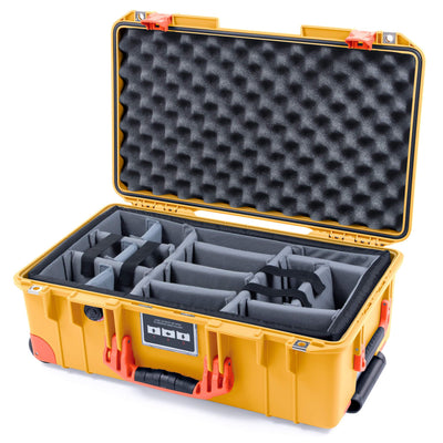 Pelican 1535 Air Case, Yellow with Orange Handles, Push-Button Latches & Trolley Gray Padded Microfiber Dividers with Convolute Lid Foam ColorCase 015350-0070-240-150-150