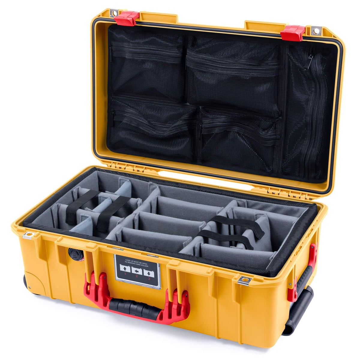 Pelican 1535 Air Case, Yellow with Red Handles &amp; Latches Gray Padded Microfiber Dividers with Mesh Lid Organizer ColorCase 015350-0170-240-320