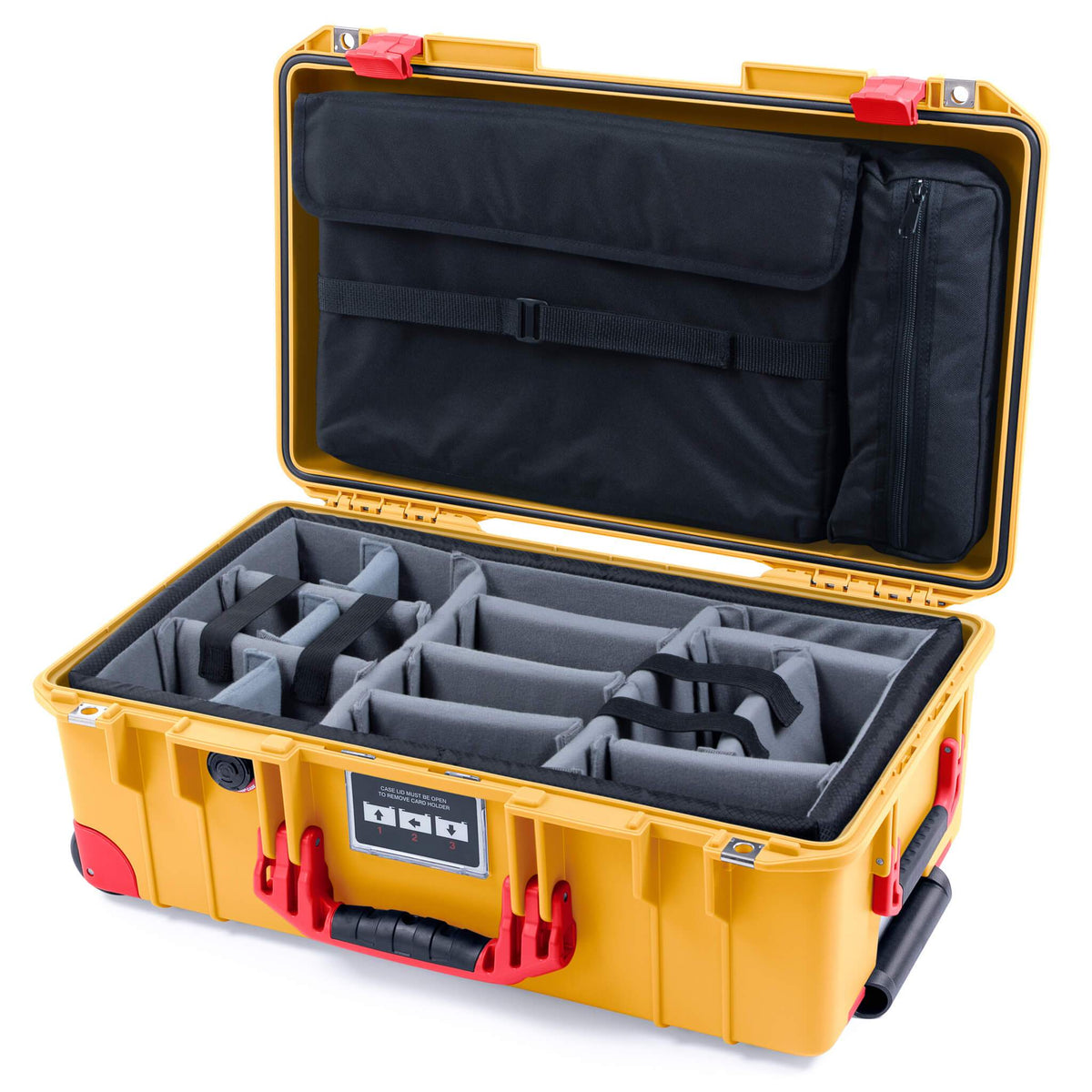 Pelican 1535 Air Case, Yellow with Red Handles, Latches &amp; Trolley Gray Padded Microfiber Dividers with Computer Pouch ColorCase 015350-0072-240-320-320