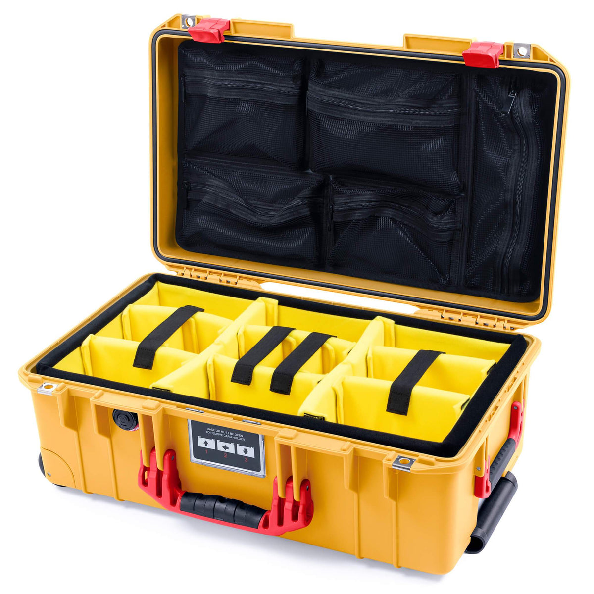 Pelican 1535 Air Case, Yellow with Red Handles &amp; Latches Yellow Padded Microfiber Dividers with Mesh Lid Organizer ColorCase 015350-0110-240-320