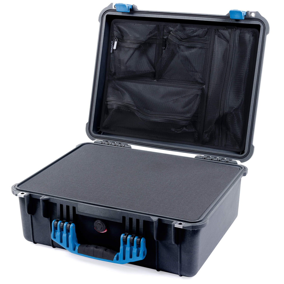 Pelican 1550 Case, Black with Blue Handle &amp; Latches Pick &amp; Pluck Foam with Mesh Lid Organizer ColorCase 015500-0101-110-120