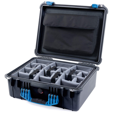 Pelican 1550 Case, Black with Blue Handle & Latches Gray Padded Microfiber Dividers with Computer Pouch ColorCase 015500-0270-110-120