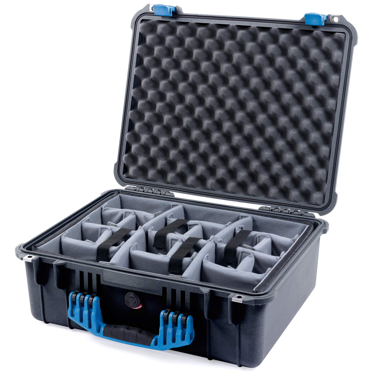 Pelican 1550 Case, Black with Blue Handle &amp; Latches Gray Padded Microfiber Dividers with Convolute Lid Foam ColorCase 015500-0070-110-120