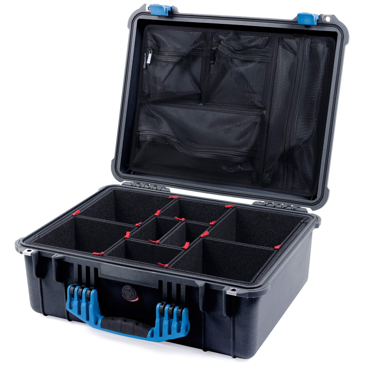 Pelican 1550 Case, Black with Blue Handle &amp; Latches TrekPak Divider System with Mesh Lid Organizer ColorCase 015500-0120-110-120