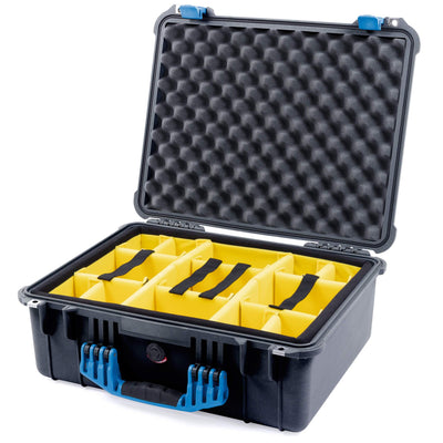 Pelican 1550 Case, Black with Blue Handle & Latches Yellow Padded Microfiber Dividers with Convolute Lid Foam ColorCase 015500-0010-110-120