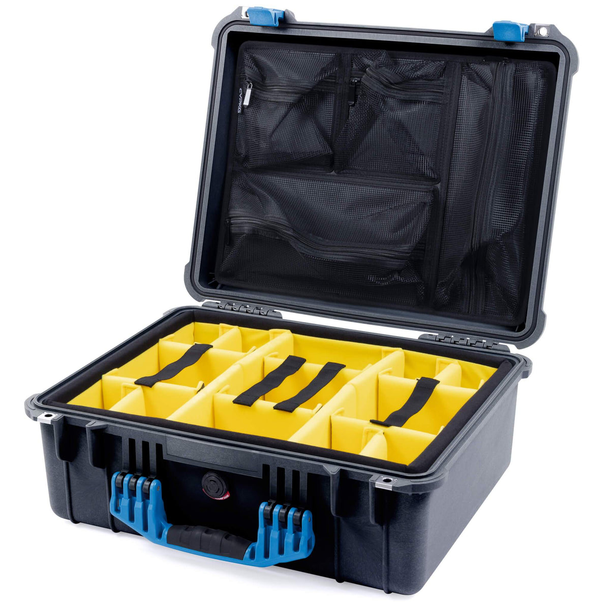 Pelican 1550 Case, Black with Blue Handle &amp; Latches Yellow Padded Microfiber Dividers with Mesh Lid Organizer ColorCase 015500-0110-110-120