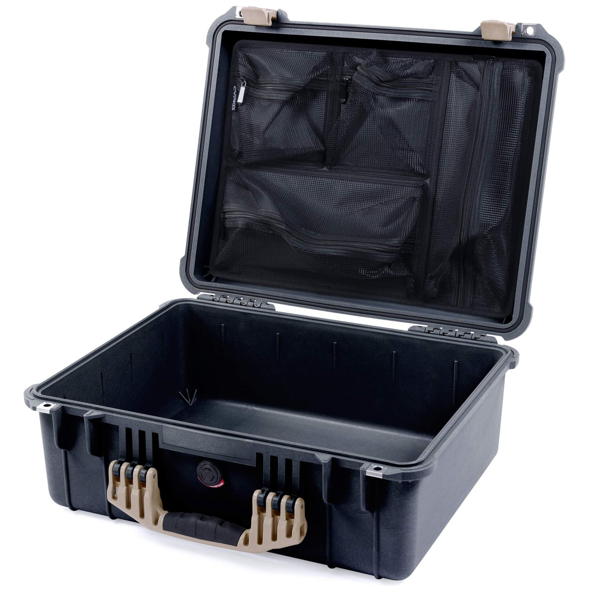 Pelican 1550 Case, Black with Desert Tan Handle &amp; Latches Mesh Lid Organizer Only ColorCase 015500-0100-110-310