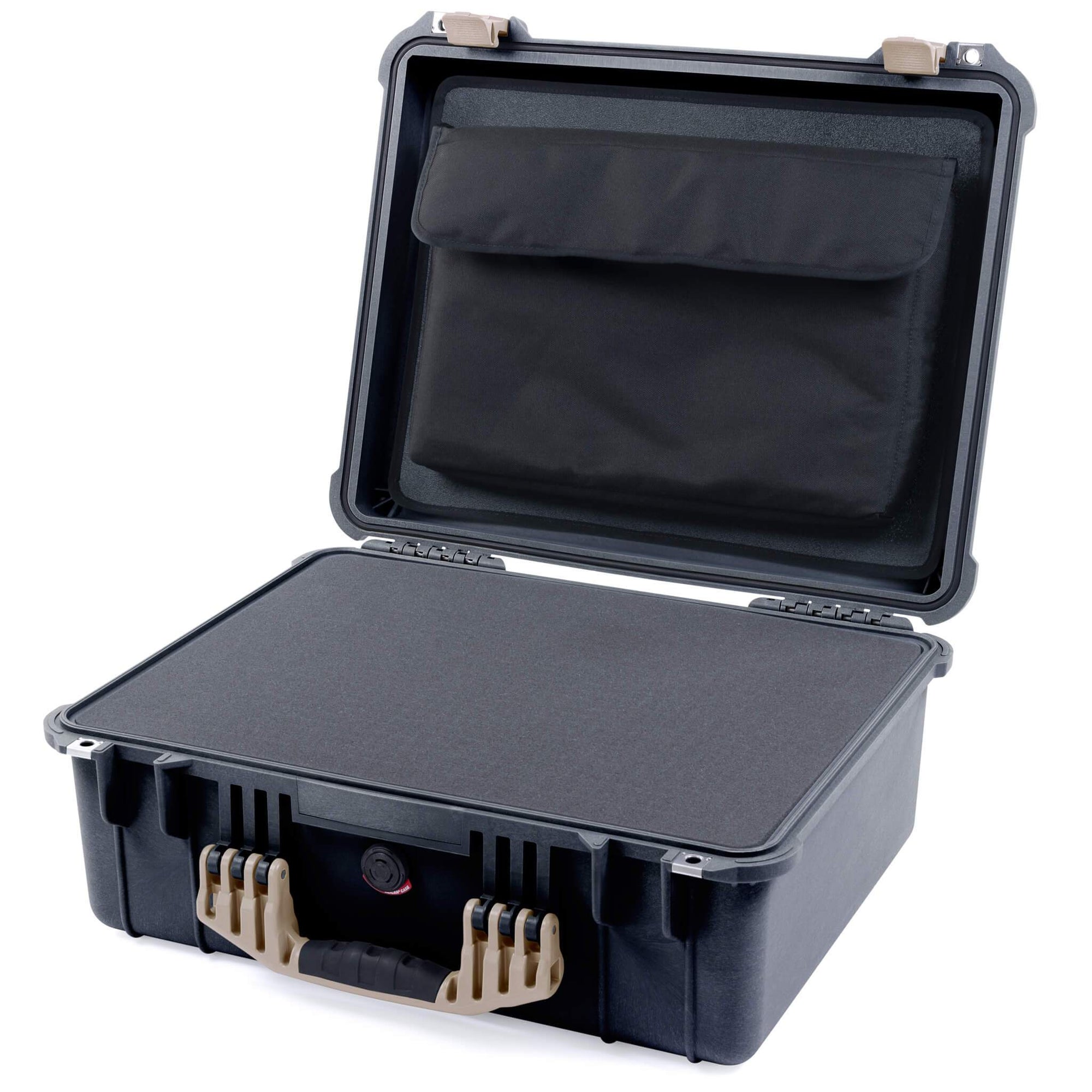 Pelican 1550 Case, Black with Desert Tan Handle & Latches Pick & Pluck Foam with Computer Pouch ColorCase 015500-0201-110-310